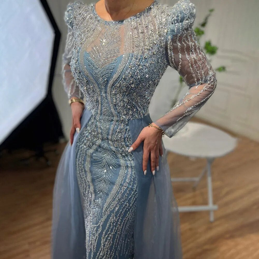 Muslim Blue Mermaid Over Skirt Evening Dresses Beads Puff Shoulder Formal Gowns 2025 For Women Party LA72030
