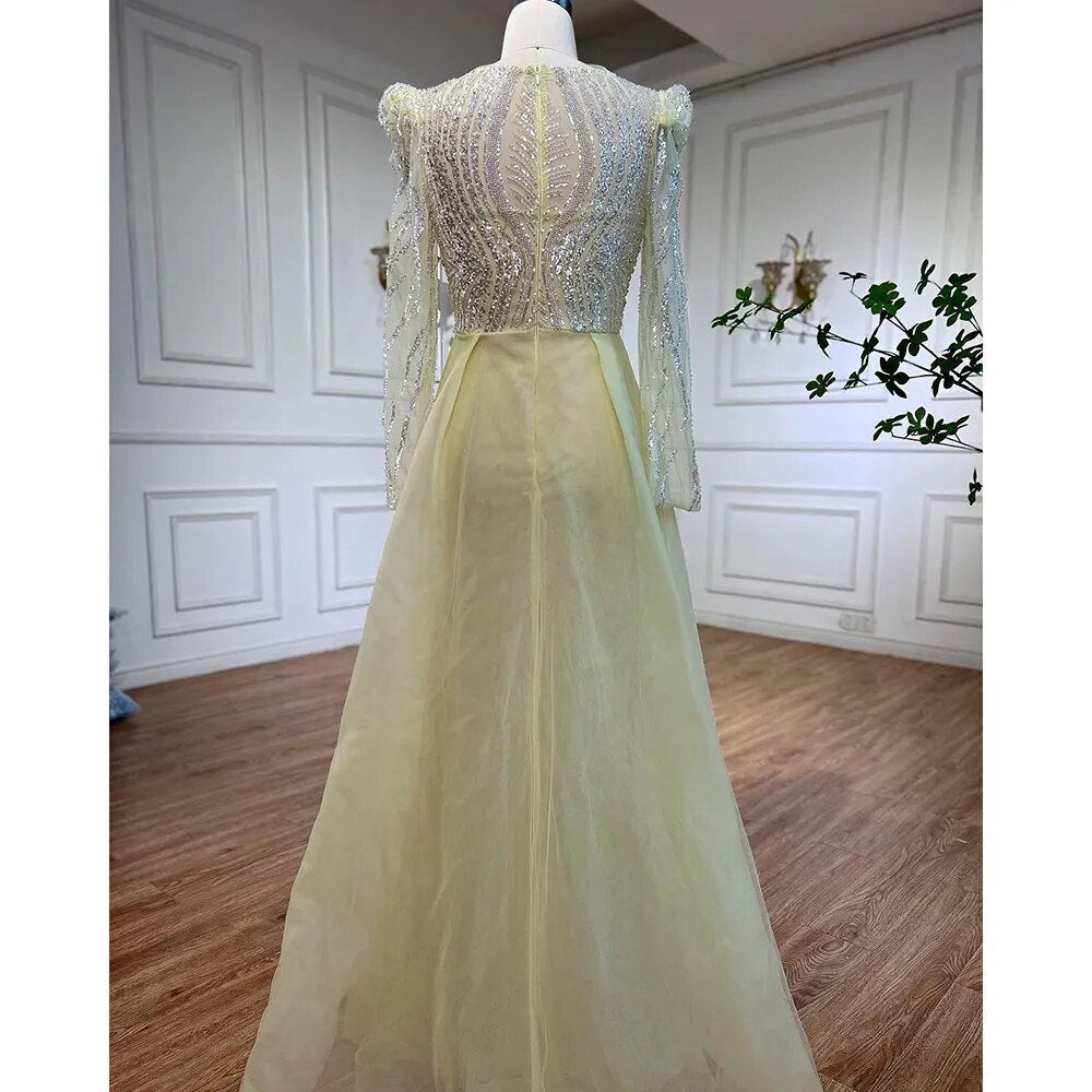 Muslim Blue Mermaid Over Skirt Evening Dresses Beads Puff Shoulder Formal Gowns 2025 For Women Party LA72030