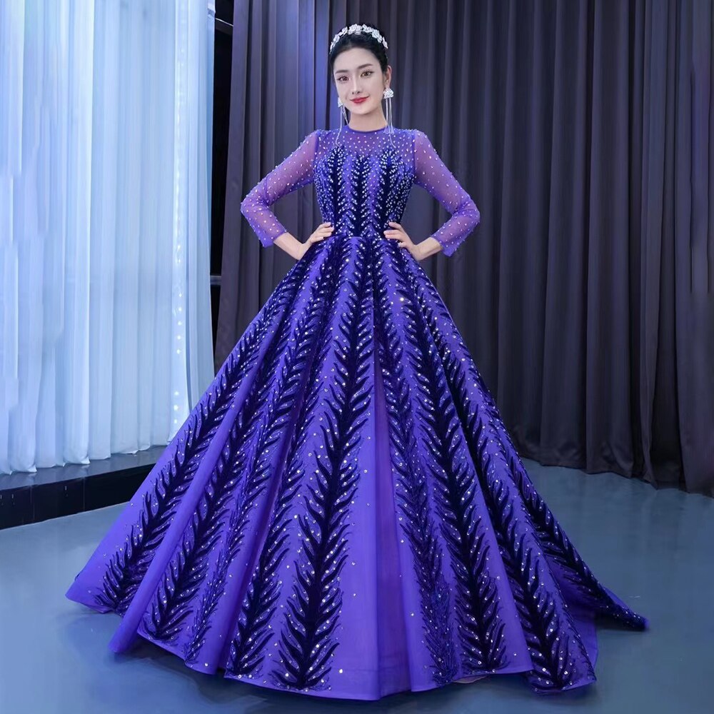Muslim Blue Purple Luxury Beaded Appliques Lace Up Ball Gowns Wedding Dress 2025 High End Custom Made HM222204
