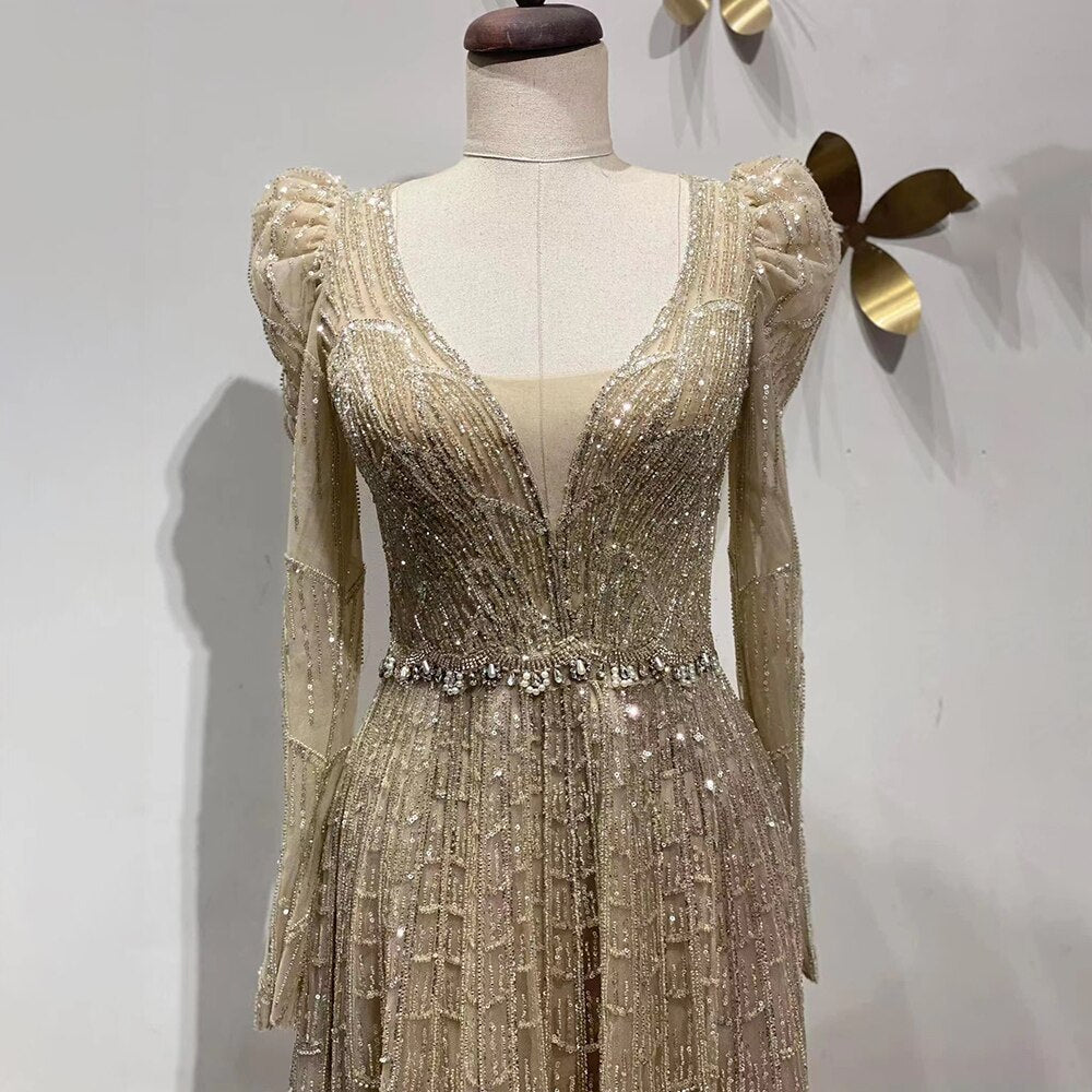 Muslim Caramel A Line V-Neck Beaded Luxury Dubai Long Evening Dresses Gowns 2025 For Women Wedding Party LA71940