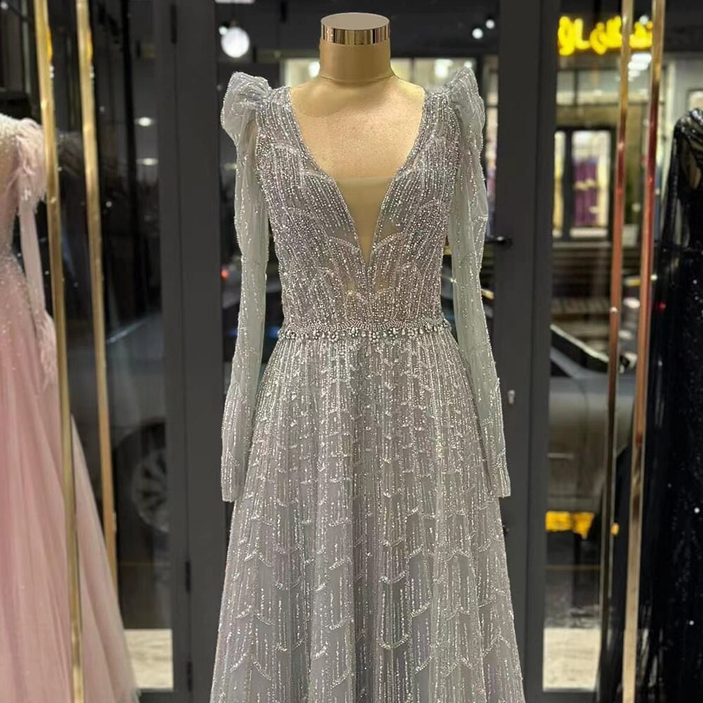 Muslim Caramel A Line V-Neck Beaded Luxury Dubai Long Evening Dresses Gowns 2025 For Women Wedding Party LA71940