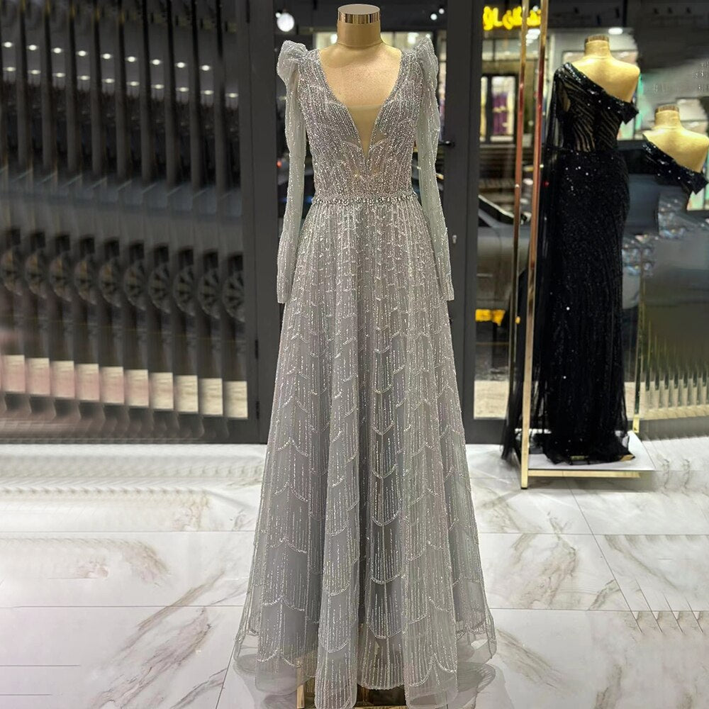 Muslim Caramel A Line V-Neck Beaded Luxury Dubai Long Evening Dresses Gowns 2025 For Women Wedding Party LA71940