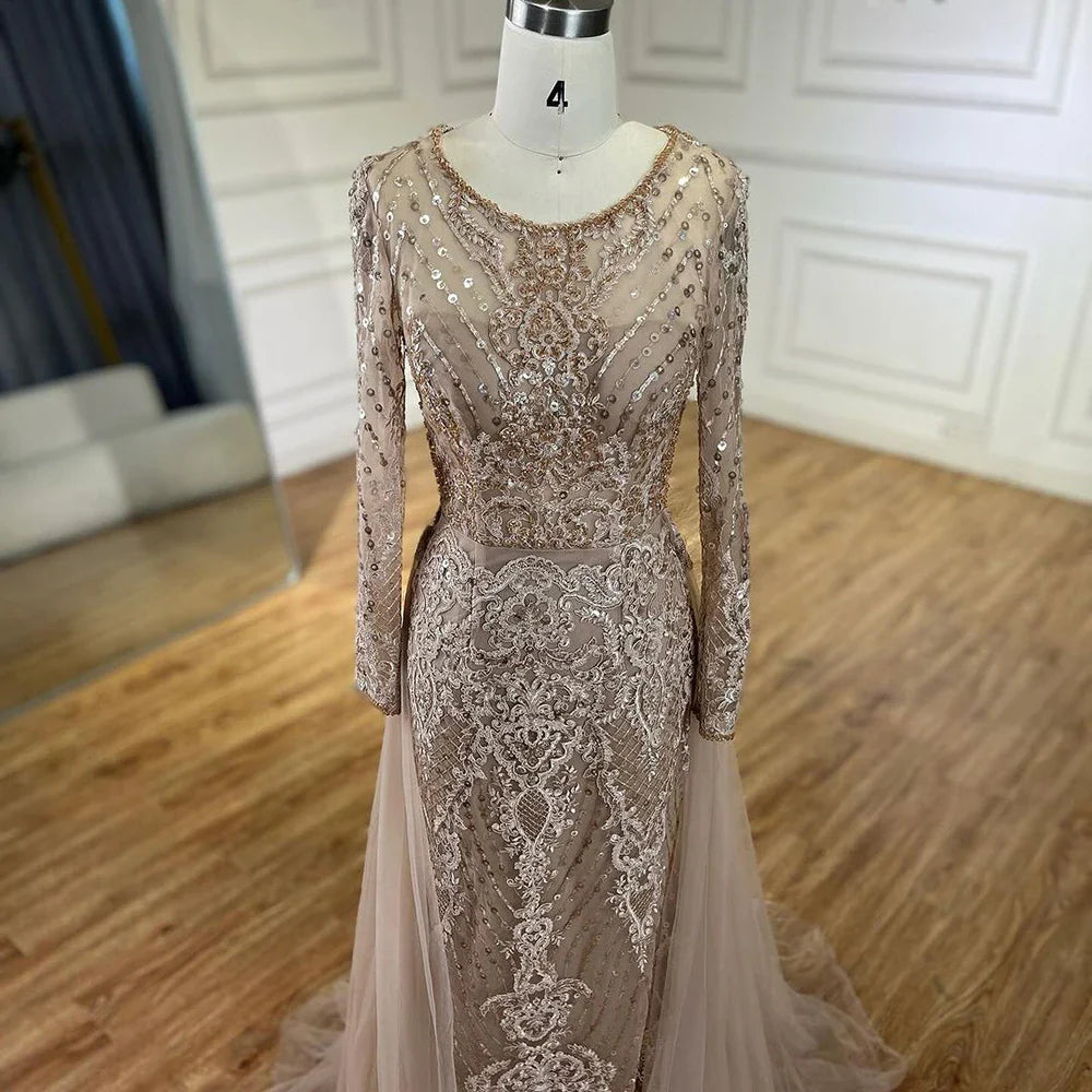En oferta, sin devolución ni reembolso, vestidos de noche musulmanes de sirena color caramelo, vestidos de noche 2025, sobrefalda de lujo con cuentas, elegantes para mujer, fiesta LA71558