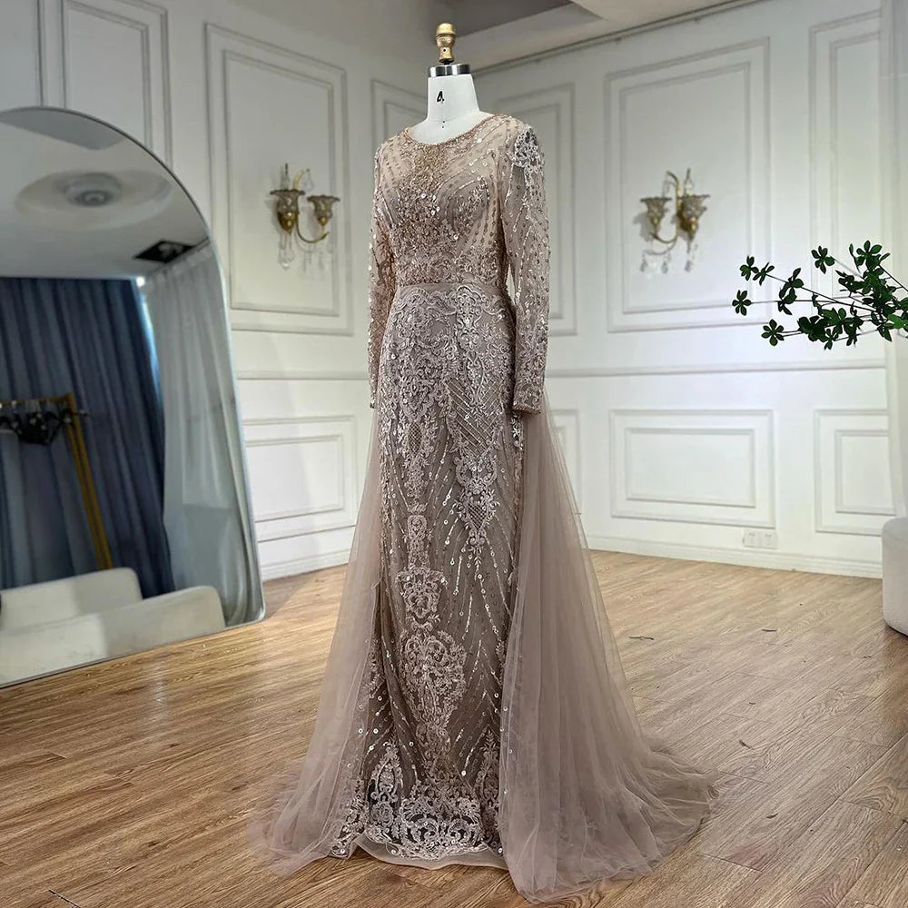 En oferta, sin devolución ni reembolso, vestidos de noche musulmanes de sirena color caramelo, vestidos de noche 2025, sobrefalda de lujo con cuentas, elegantes para mujer, fiesta LA71558