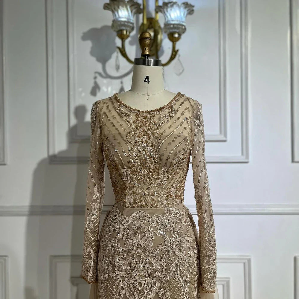 En oferta, sin devolución ni reembolso, vestidos de noche musulmanes de sirena color caramelo, vestidos de noche 2025, sobrefalda de lujo con cuentas, elegantes para mujer, fiesta LA71558
