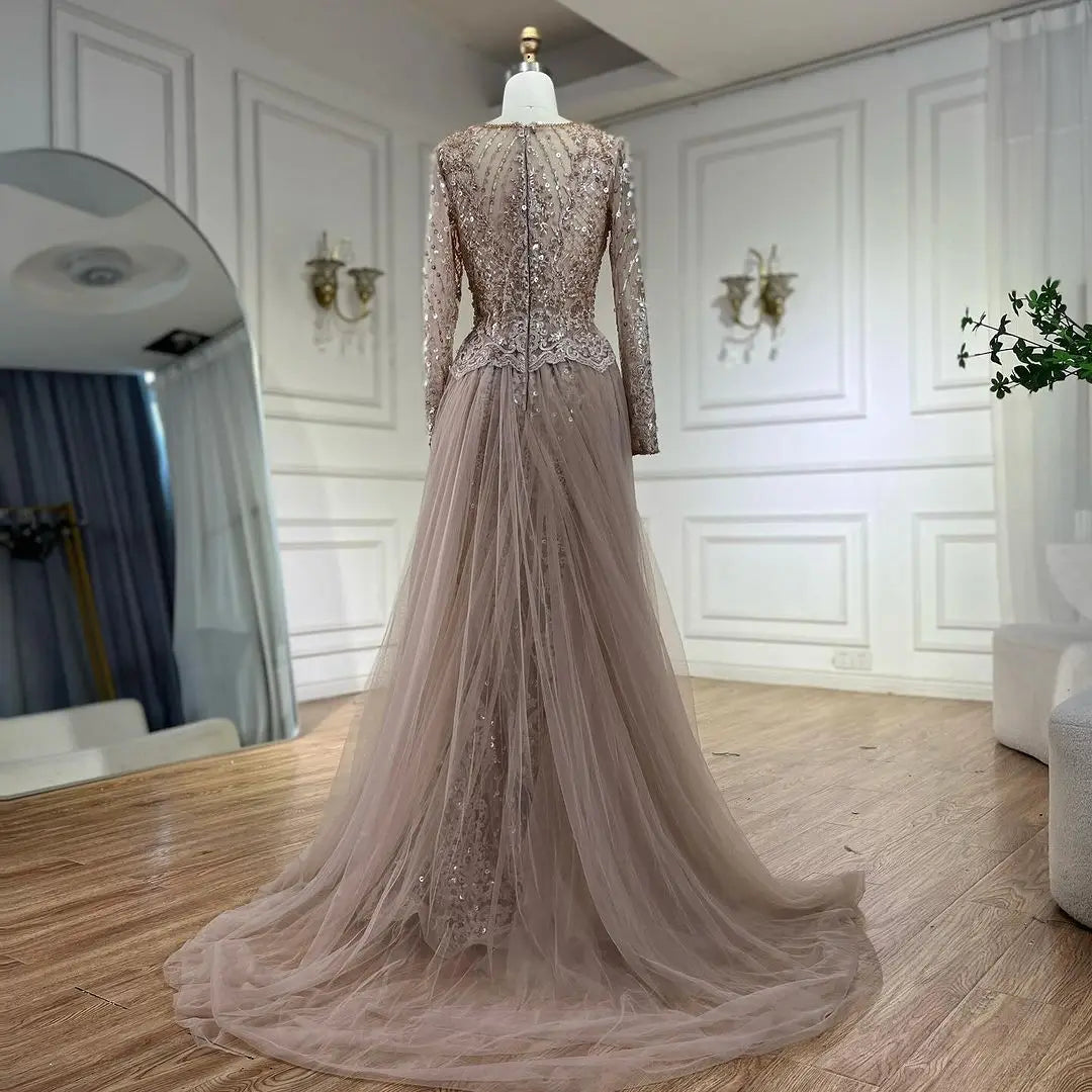 En oferta, sin devolución ni reembolso, vestidos de noche musulmanes de sirena color caramelo, vestidos de noche 2025, sobrefalda de lujo con cuentas, elegantes para mujer, fiesta LA71558