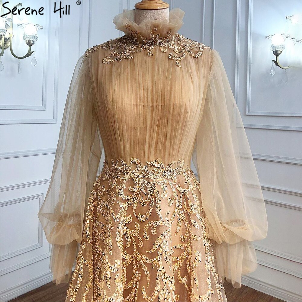 Muslim Champagne Luxury Evening Dresses Gowns 2025 Lantern Sleeves A-Line For Women Party LA71035