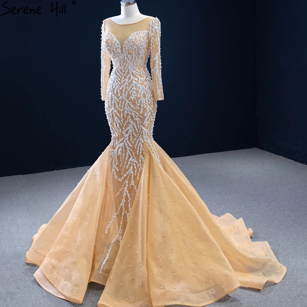 Muslim Champange Mermaid Evening Dresses 2025 Luxury Beading Elegant Party Gowns For Women HM67211