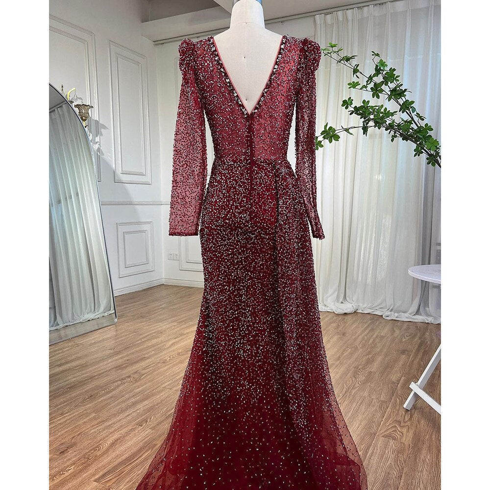 Muslim Designer Luxury Wine Red Mermaid V Neck Beaded Evening Dresses Gowns For Women Wedding Party 2025 LA72148