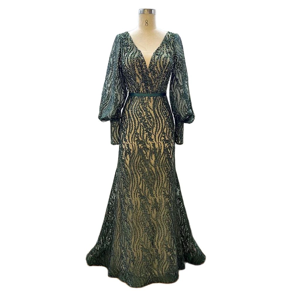 Muslim Elegant Puff Sleeves Green Mermaid V-Neck Luxury Beaded Evening Dresses Gowns For Women Party 2025 LA71800