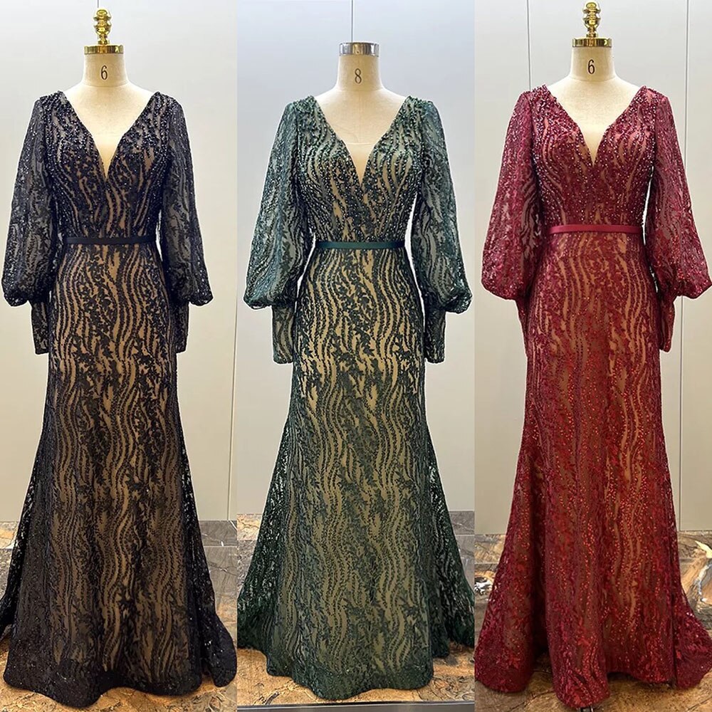 Muslim Elegant Puff Sleeves Green Mermaid V-Neck Luxury Beaded Evening Dresses Gowns For Women Party 2025 LA71800