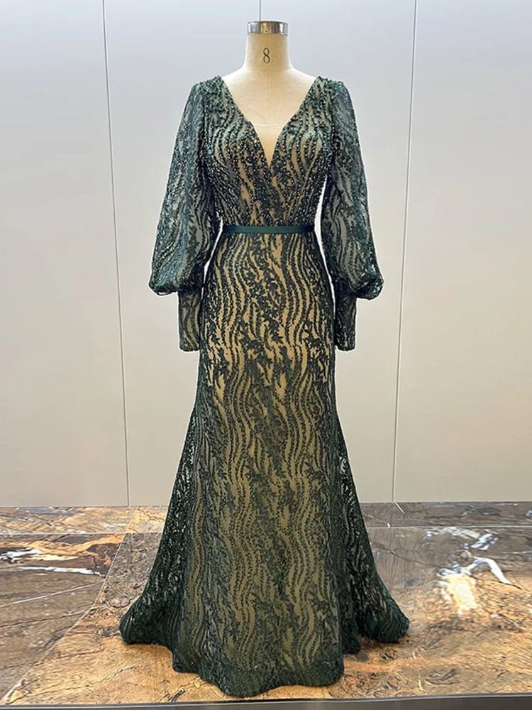 Muslim Elegant Puff Sleeves Green Mermaid V-Neck Luxury Beaded Evening Dresses Gowns For Women Party 2025 LA71800