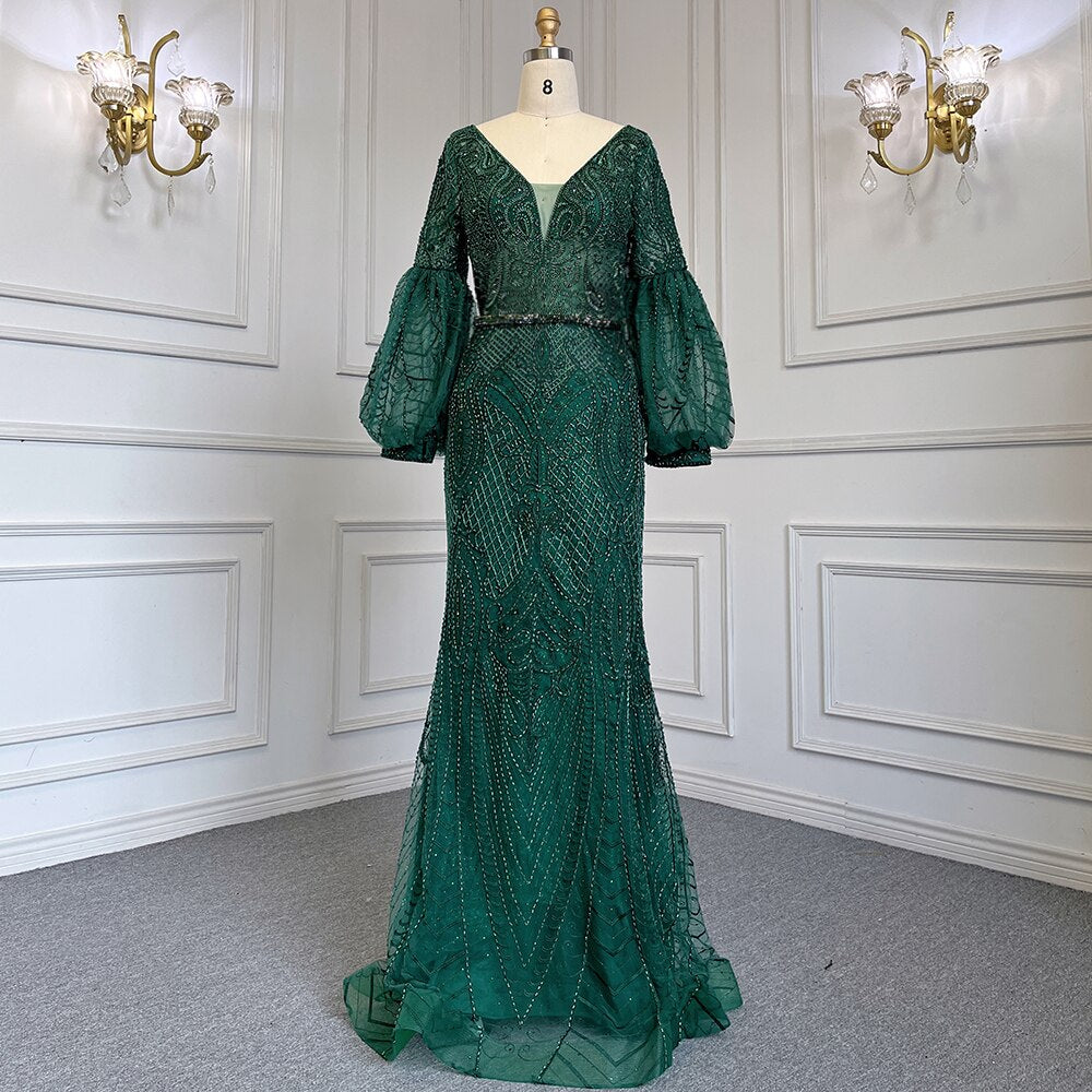Muslim Elegant Puff Sleeves Green Mermaid V-Neck Luxury Beaded Evening Dresses Gowns For Women Party 2025 LA71800
