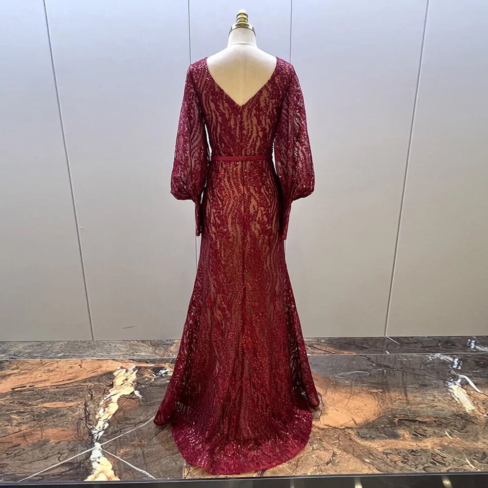 Muslim Elegant Puff Sleeves Green Mermaid V-Neck Luxury Beaded Evening Dresses Gowns For Women Party 2025 LA71800