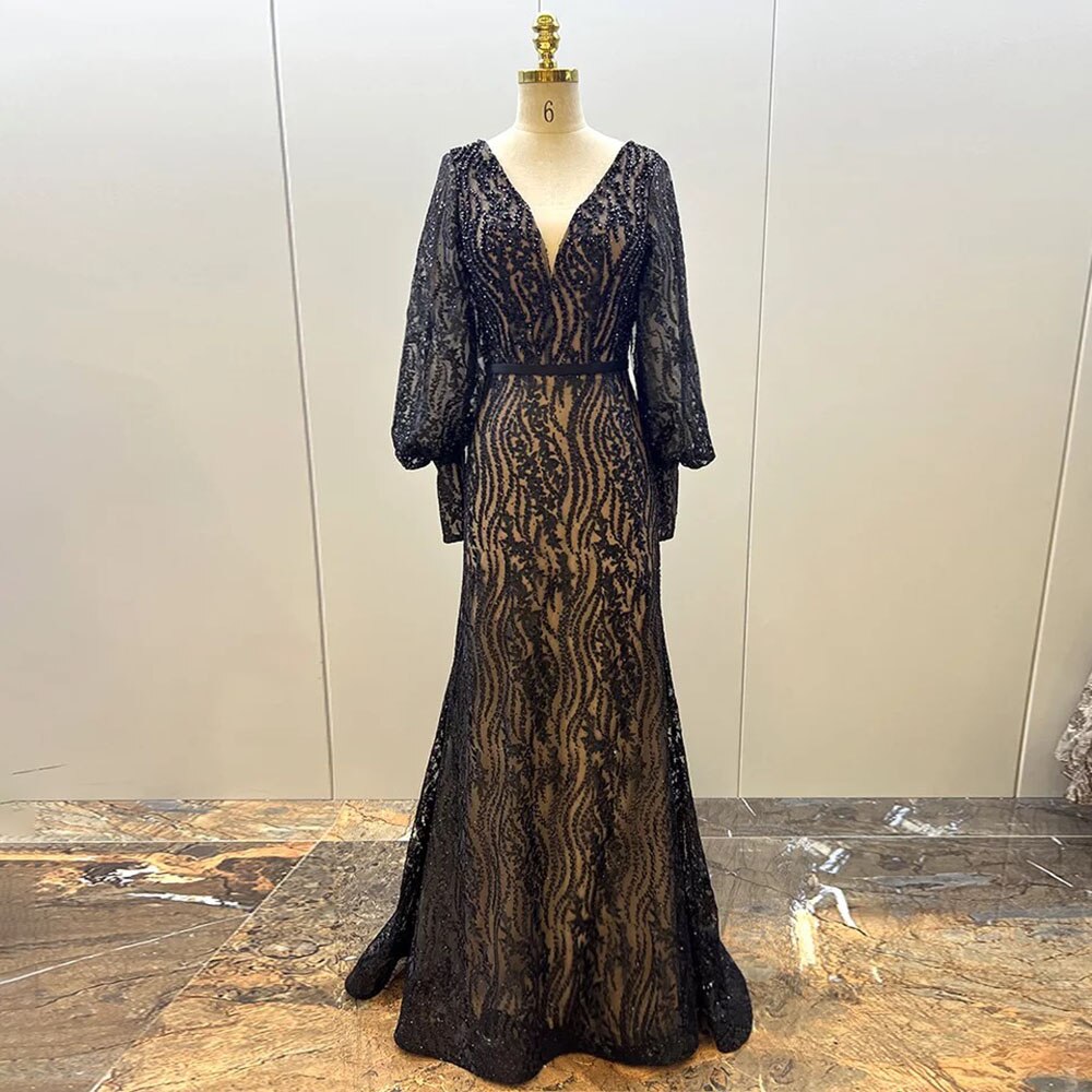 Muslim Elegant Puff Sleeves Green Mermaid V-Neck Luxury Beaded Evening Dresses Gowns For Women Party 2025 LA71800