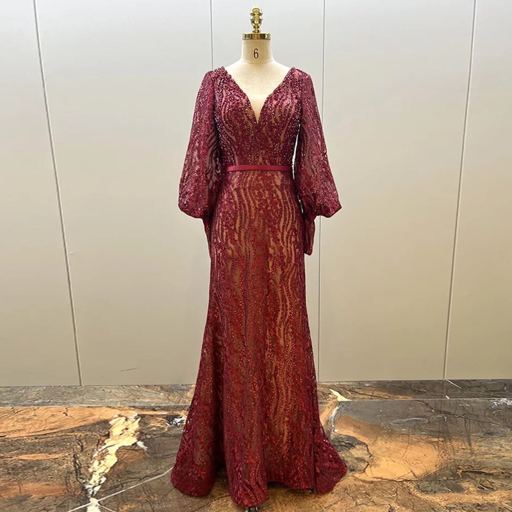 Muslim Elegant Puff Sleeves Green Mermaid V-Neck Luxury Beaded Evening Dresses Gowns For Women Party 2025 LA71800