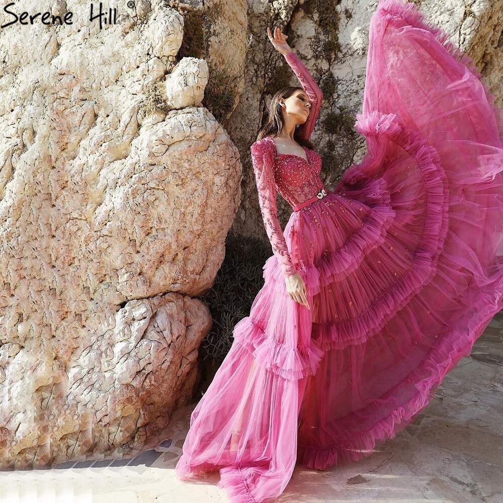 Muslim Fuschia Luxury Evening Dresses Gowns 2025 A-Line Beaded Tiered For Women Party LA70986
