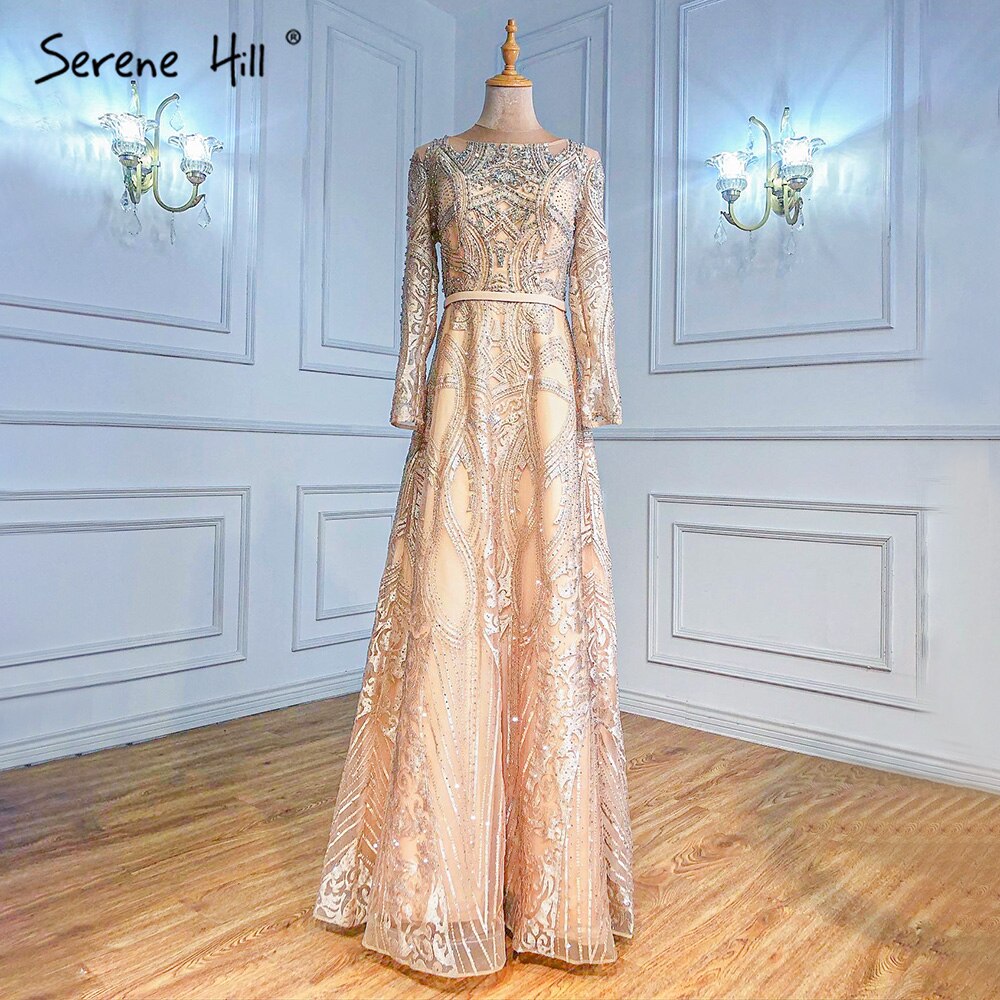 Muslim Gold A-Line Evening Dresses Gowns 2025 Beaded Luxury For Woman Wedding Party LA70778