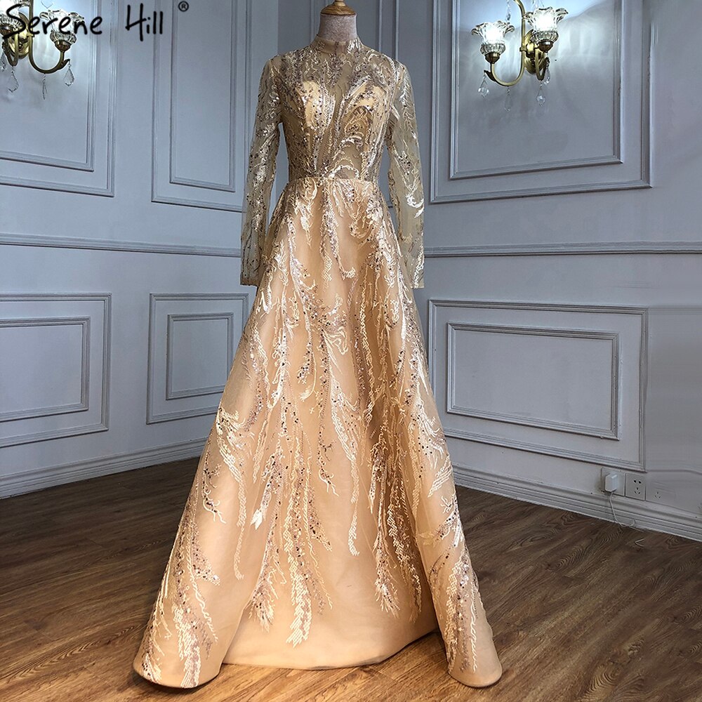 Muslim Gold A-Line Evening Dresses Gowns 2025 Lace Beading Crystal For Women Party LA70957