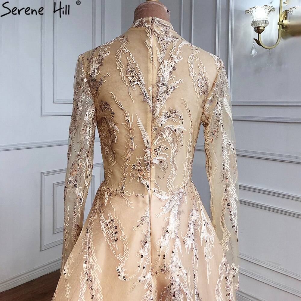 Muslim Gold A-Line Evening Dresses Gowns 2025 Lace Beading Crystal For Women Party LA70957