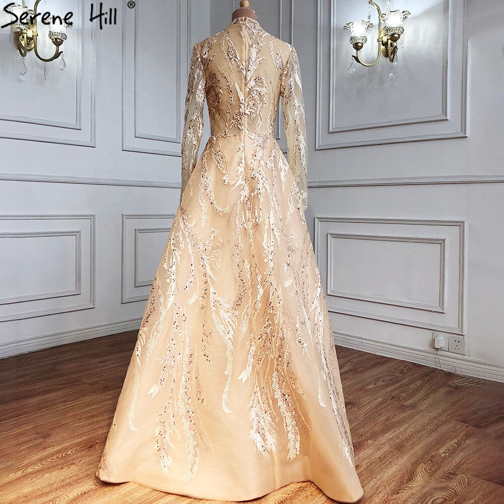 Muslim Gold A-Line Evening Dresses Gowns 2025 Lace Beading Crystal For Women Party LA70957