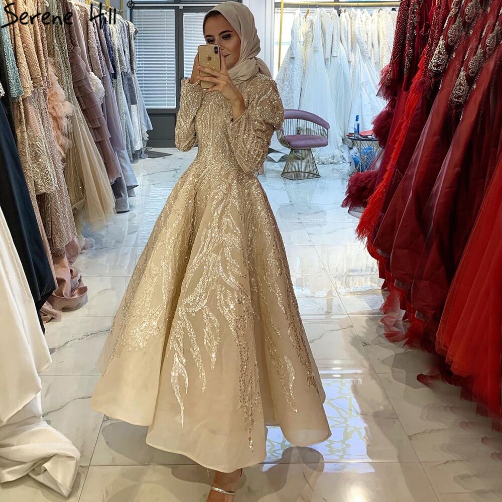 Muslim Gold A-Line Evening Dresses Gowns 2025 Lace Beading Crystal For Women Party LA70957