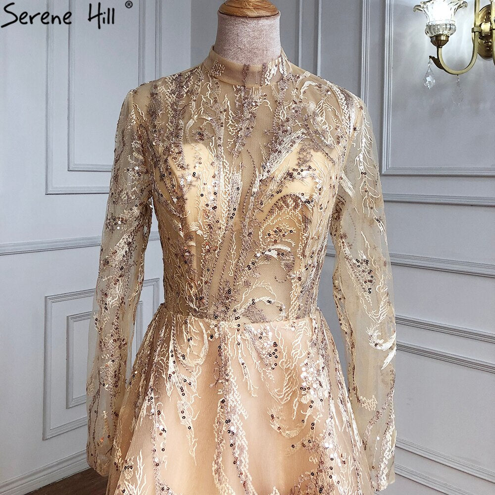 Muslim Gold A-Line Evening Dresses Gowns 2025 Lace Beading Crystal For Women Party LA70957