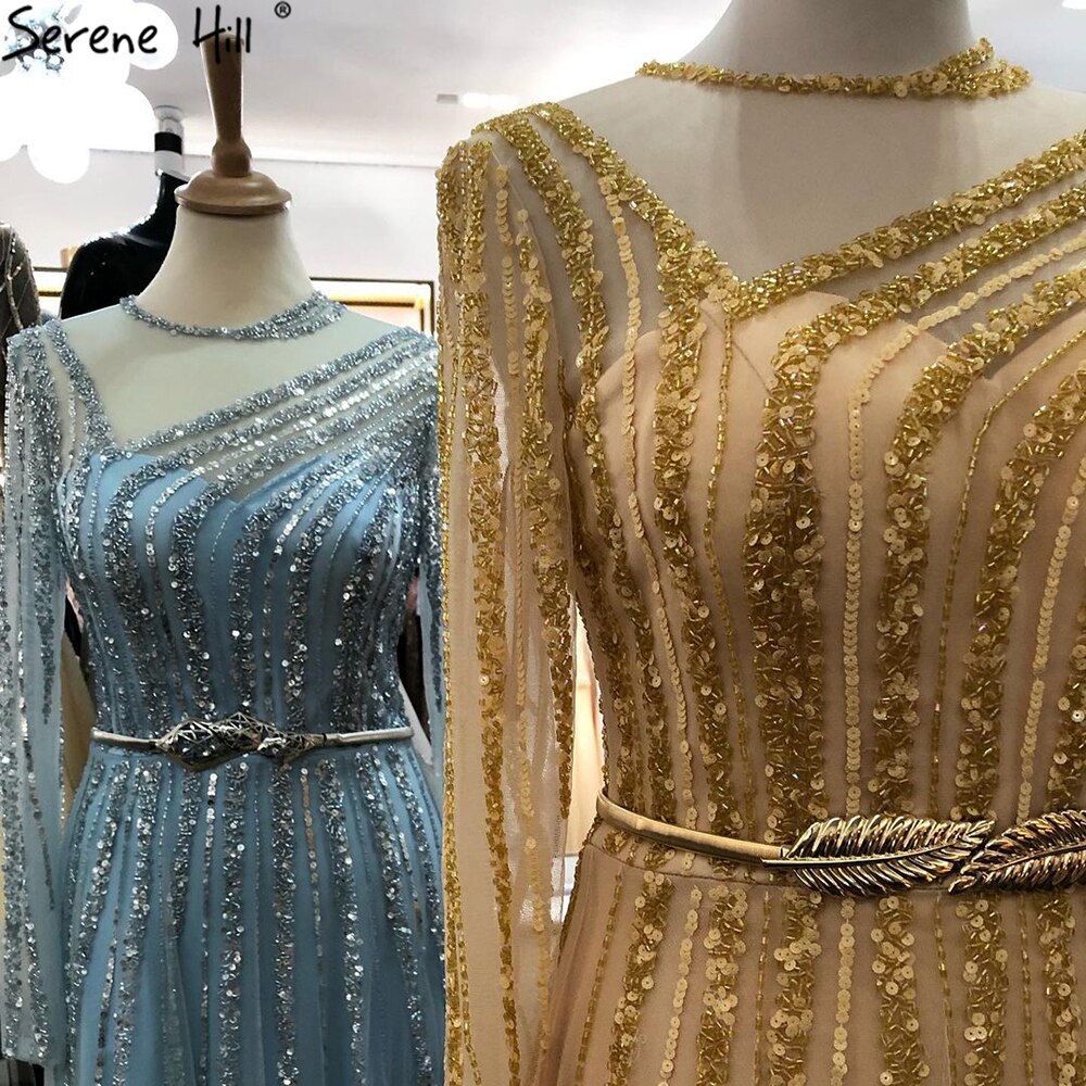 Muslim Gold A-Line Evening Dresses Gowns 2025 Luxury Beaded Sashes For Women Party LA71458