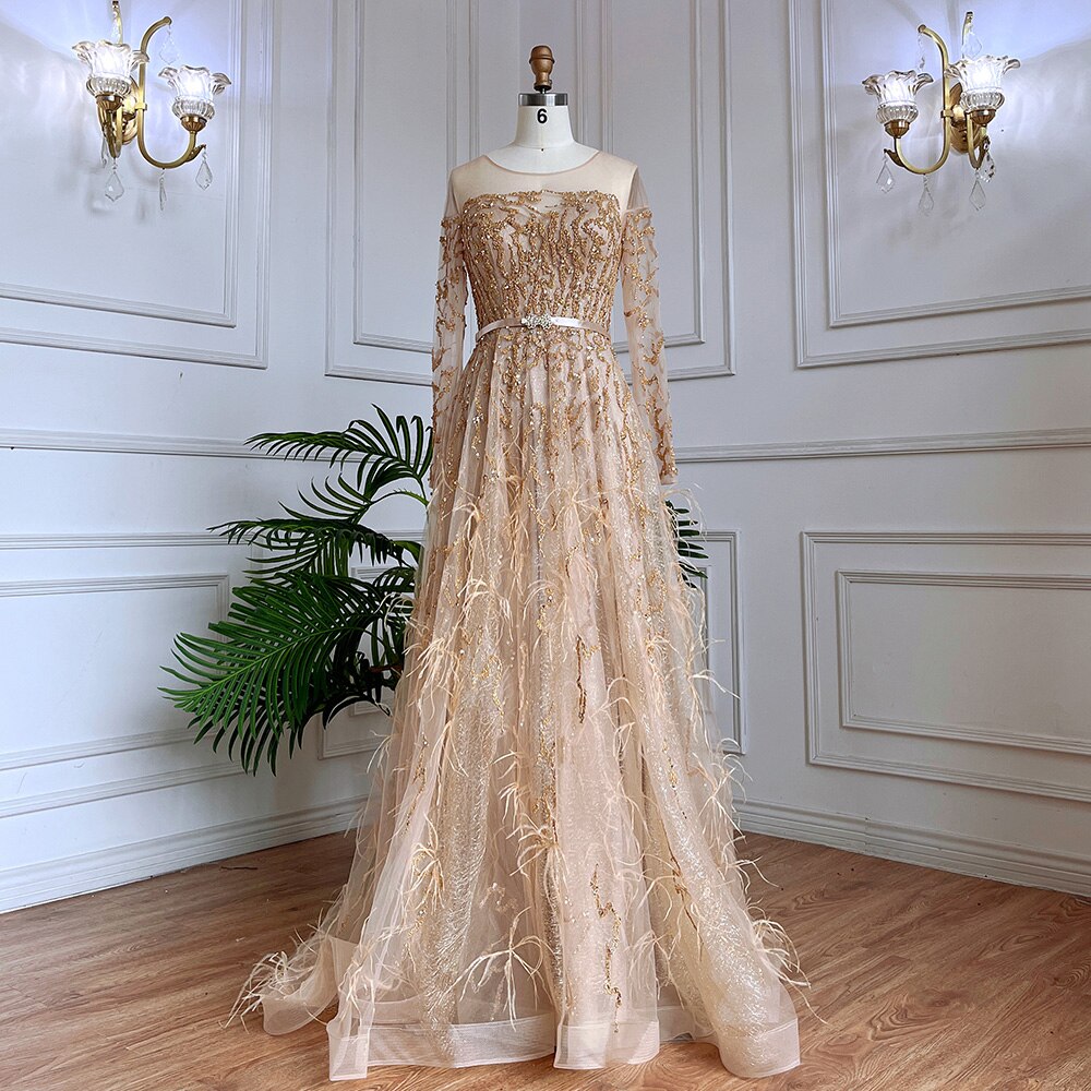 Muslim Gold A Line Lace Beaded Feathers Arabic Luxury Evening Dresses Gowns 2025 For Women Wedding Party LA71935