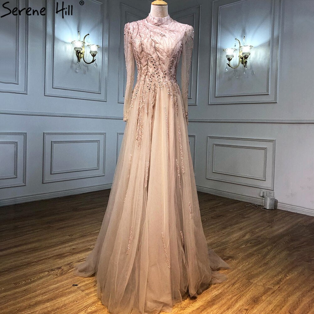 Muslim Gold Luxury Ball Gowns Evening Dress 2025 Long Sleeves Beading Women For Women Party LA71013