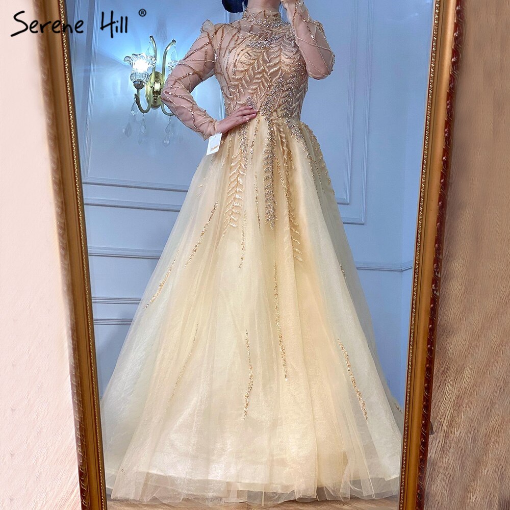 Muslim Gold Luxury Ball Gowns Evening Dress 2025 Long Sleeves Beading Women For Women Party LA71013