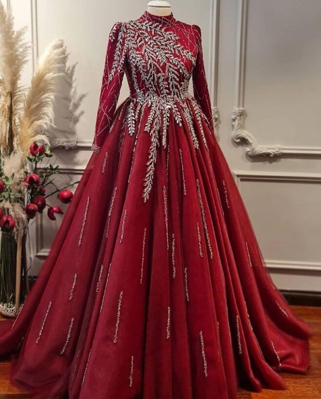 Muslim Gold Luxury Ball Gowns Evening Dress 2025 Long Sleeves Beading Women For Women Party LA71013