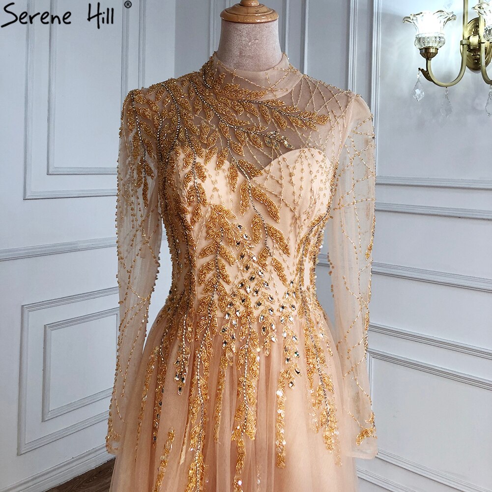 Muslim Gold Luxury Ball Gowns Evening Dress 2025 Long Sleeves Beading Women For Women Party LA71013