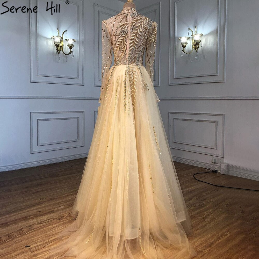 Muslim Gold Luxury Ball Gowns Evening Dress 2025 Long Sleeves Beading Women For Women Party LA71013