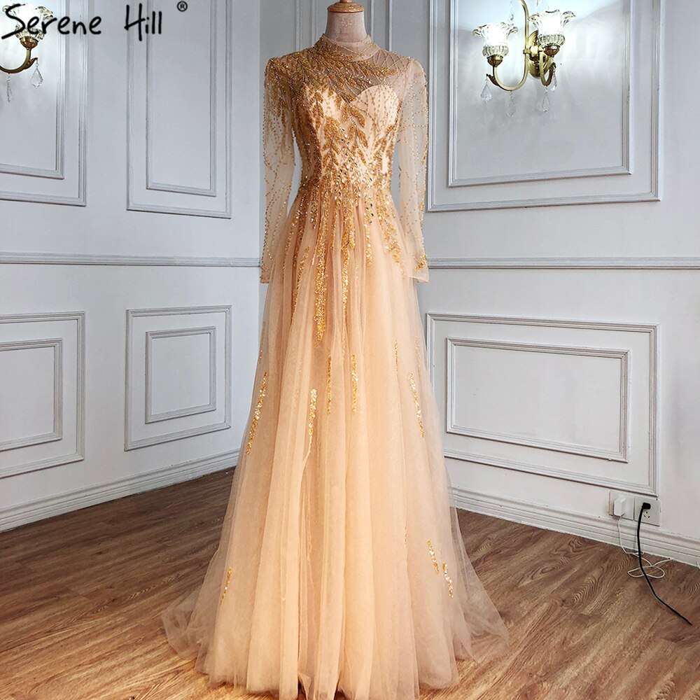 Muslim Gold Luxury Ball Gowns Evening Dress 2025 Long Sleeves Beading Women For Women Party LA71013