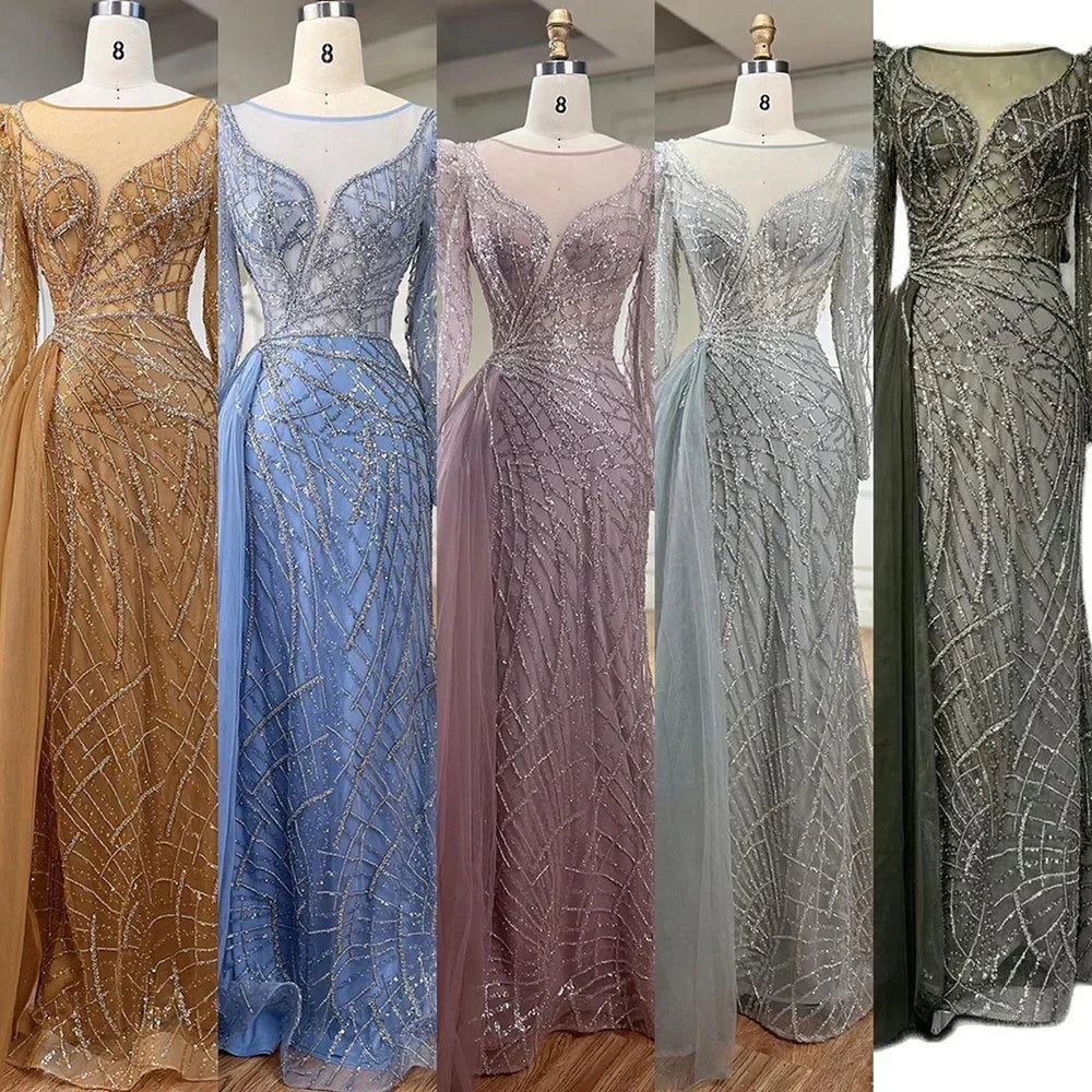 Muslim Gold Mermaid Beaded Luxury Dubai Evening Dresses Gowns With Overskirt 2025 For Women Party LA72206