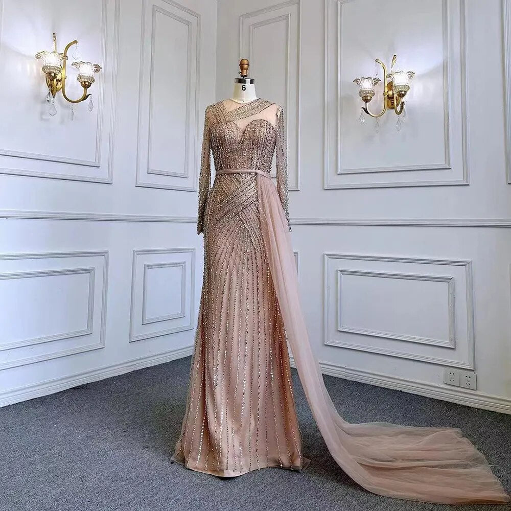 Muslim Gold Mermaid Elegant Beaded Luxury Dubai Evening Dresses Gowns For Women Wedding Party 2025 LA71429