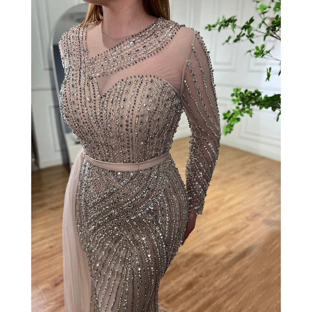 Muslim Gold Mermaid Elegant Beaded Luxury Dubai Evening Dresses Gowns For Women Wedding Party 2025 LA71429