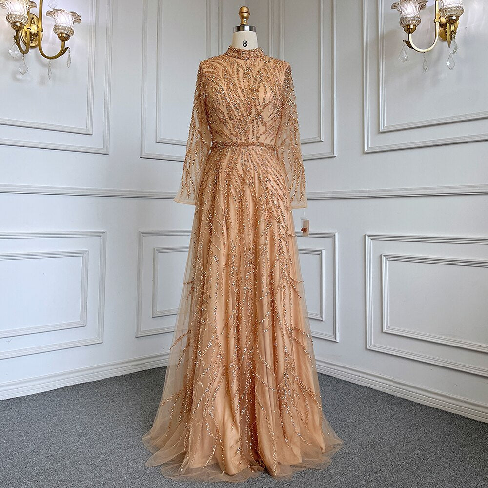 En oferta, sin devolución ni reembolso, elegante vestido de noche musulmán dorado de sirena, de lujo, con cuello alto y cuentas, 2025, para mujer, fiesta, LA71682