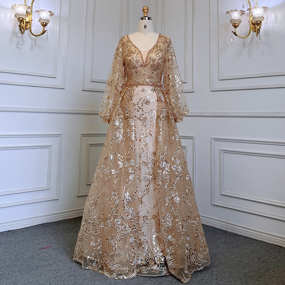 Muslim Gold Mermaid Elegant Puff Sleeves V-Neck Luxury Beaded Evening Dresses Gowns 2025 For Women Party LA71761