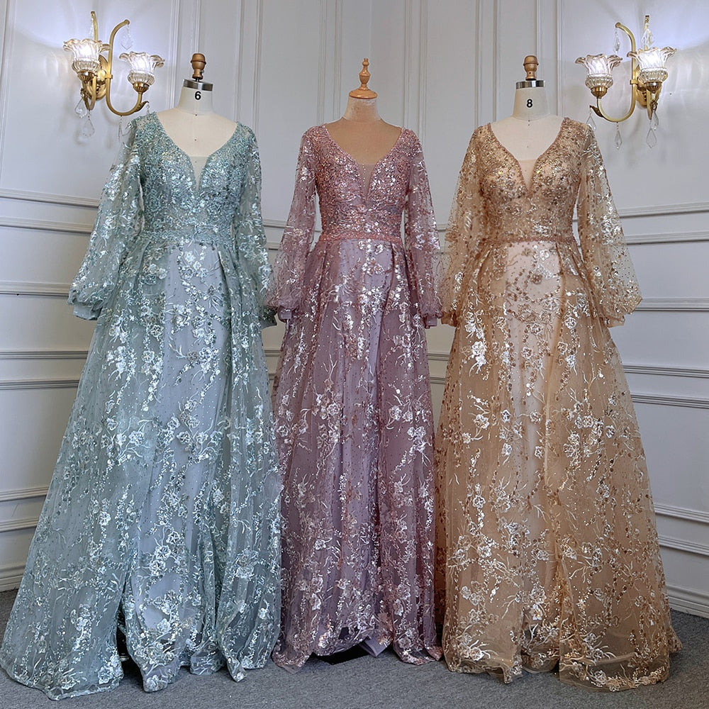 Muslim Gold Mermaid Elegant Puff Sleeves V-Neck Luxury Beaded Evening Dresses Gowns 2025 For Women Party LA71761