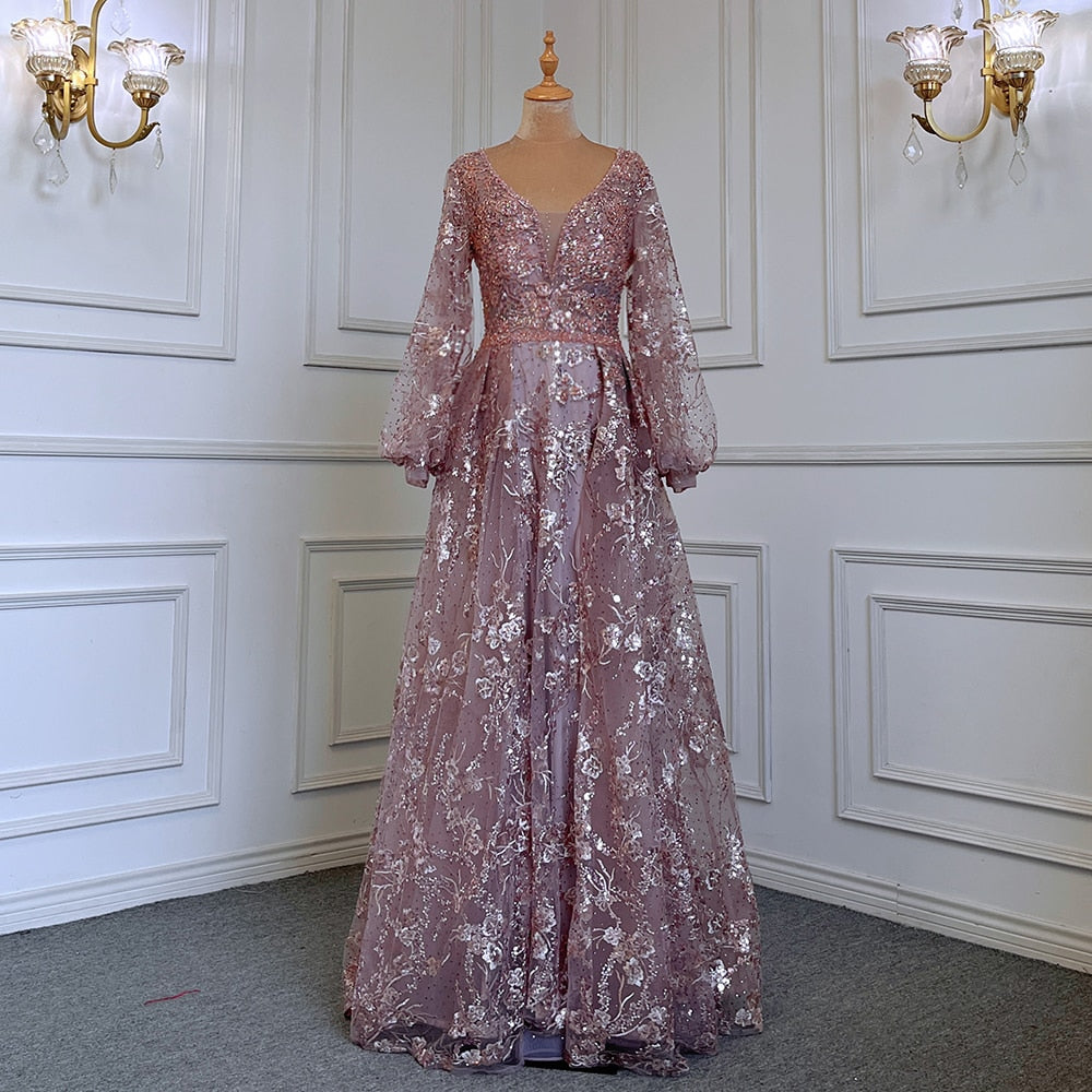 Muslim Gold Mermaid Elegant Puff Sleeves V-Neck Luxury Beaded Evening Dresses Gowns 2025 For Women Party LA71761