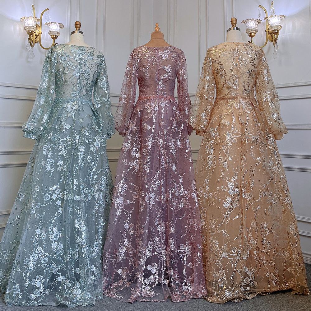 Muslim Gold Mermaid Elegant Puff Sleeves V-Neck Luxury Beaded Evening Dresses Gowns 2025 For Women Party LA71761