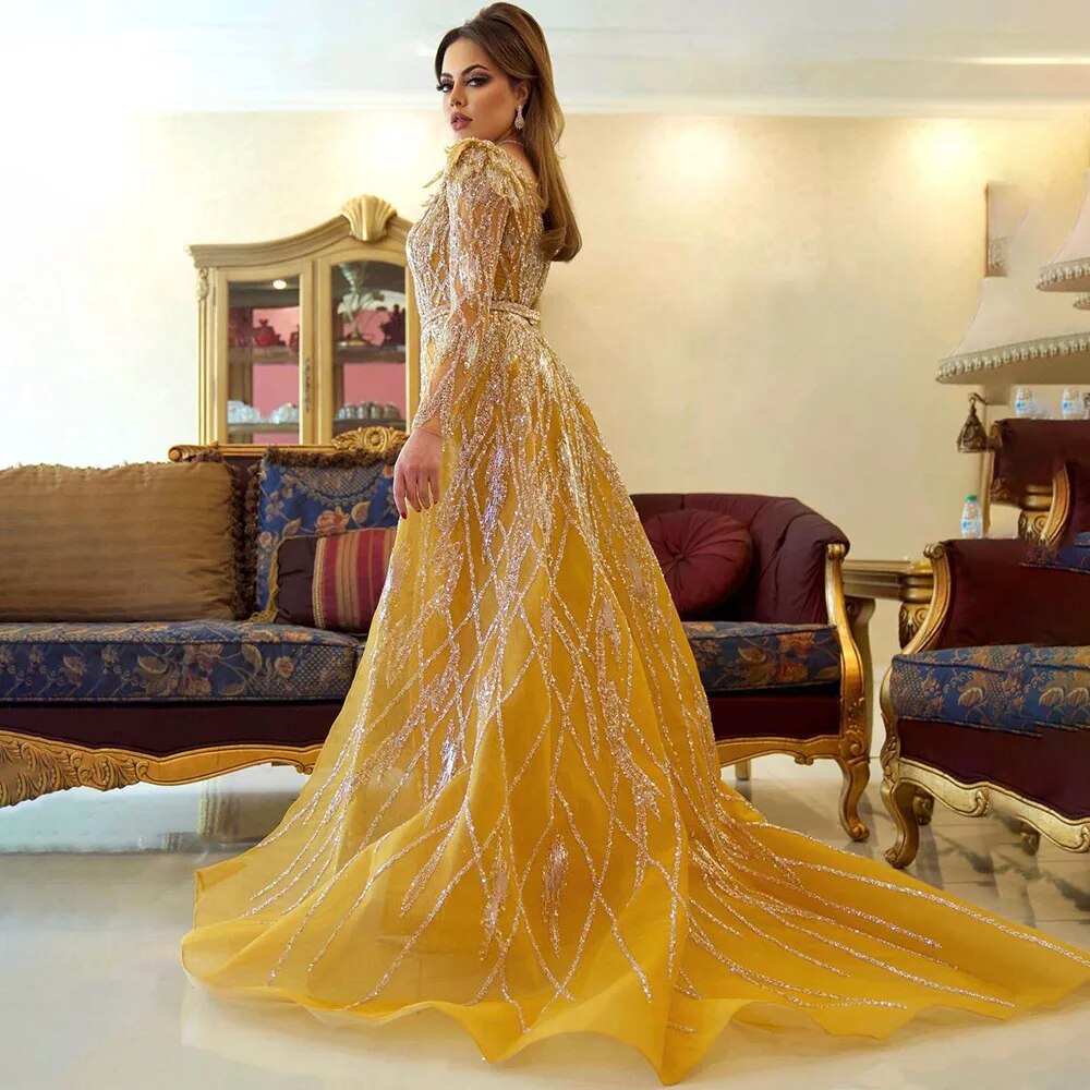Muslim Gold Mermaid With Overskirt Beaded Luxury Dubai Evening Dresses Gowns 2025 For Women Wedding Party LA72211