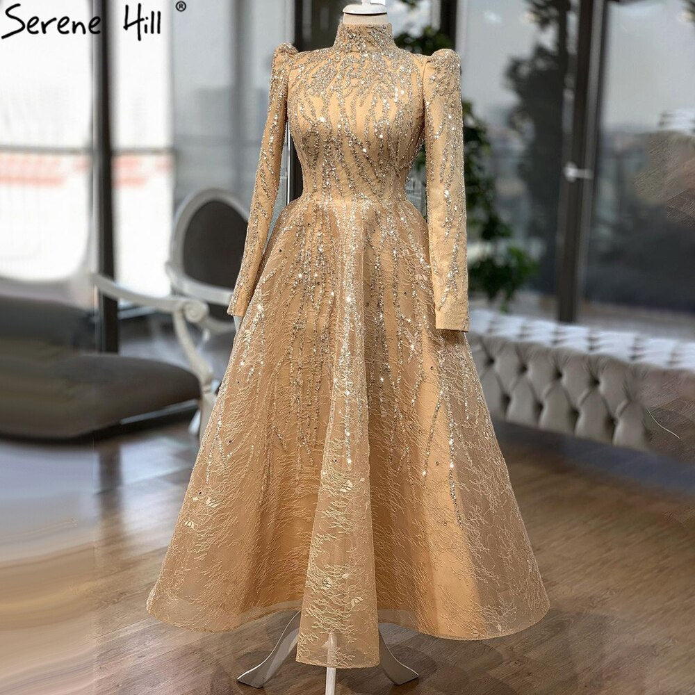 Muslim Gold Sparkle Ankle Length Beading Evening Dresses Gowns 2025 A-Line For Women Party LA70996