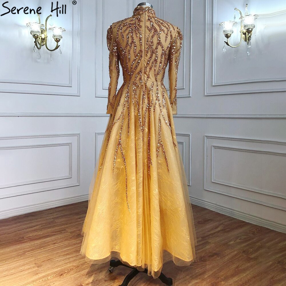 Muslim Gold Sparkle Ankle Length Beading Evening Dresses Gowns 2025 A-Line For Women Party LA70996