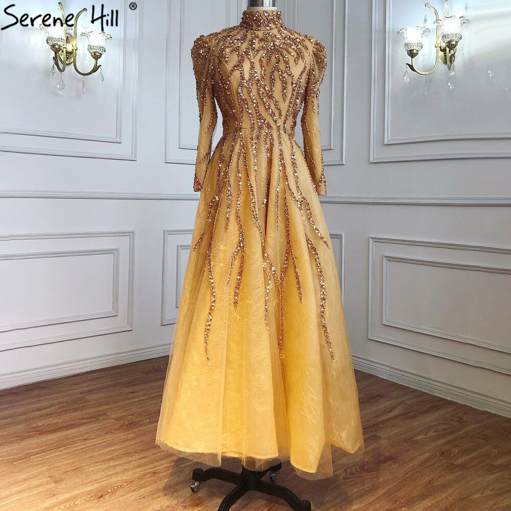 Muslim Gold Sparkle Ankle Length Beading Evening Dresses Gowns 2025 A-Line For Women Party LA70996