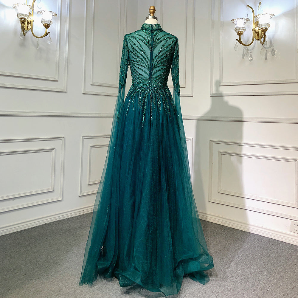 En oferta, sin devolución ni reembolso, vestido de noche musulmán verde de corte A de lujo con cuentas, vestidos de fiesta 2025 para mujer LA71640