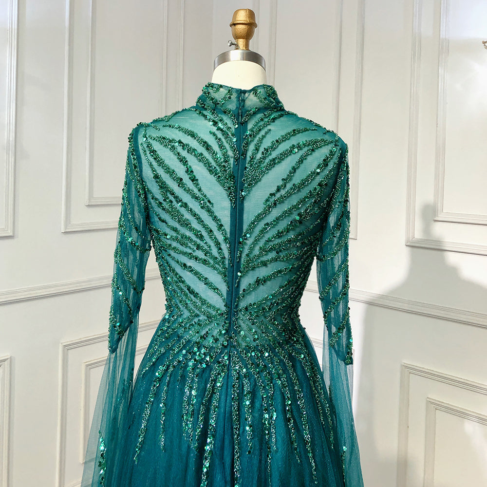 En oferta, sin devolución ni reembolso, vestido de noche musulmán verde de corte A de lujo con cuentas, vestidos de fiesta 2025 para mujer LA71640
