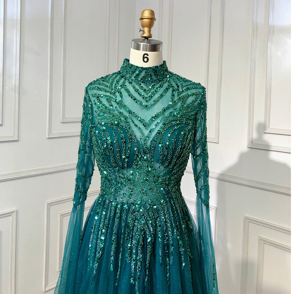 En oferta, sin devolución ni reembolso, vestido de noche musulmán verde de corte A de lujo con cuentas, vestidos de fiesta 2025 para mujer LA71640